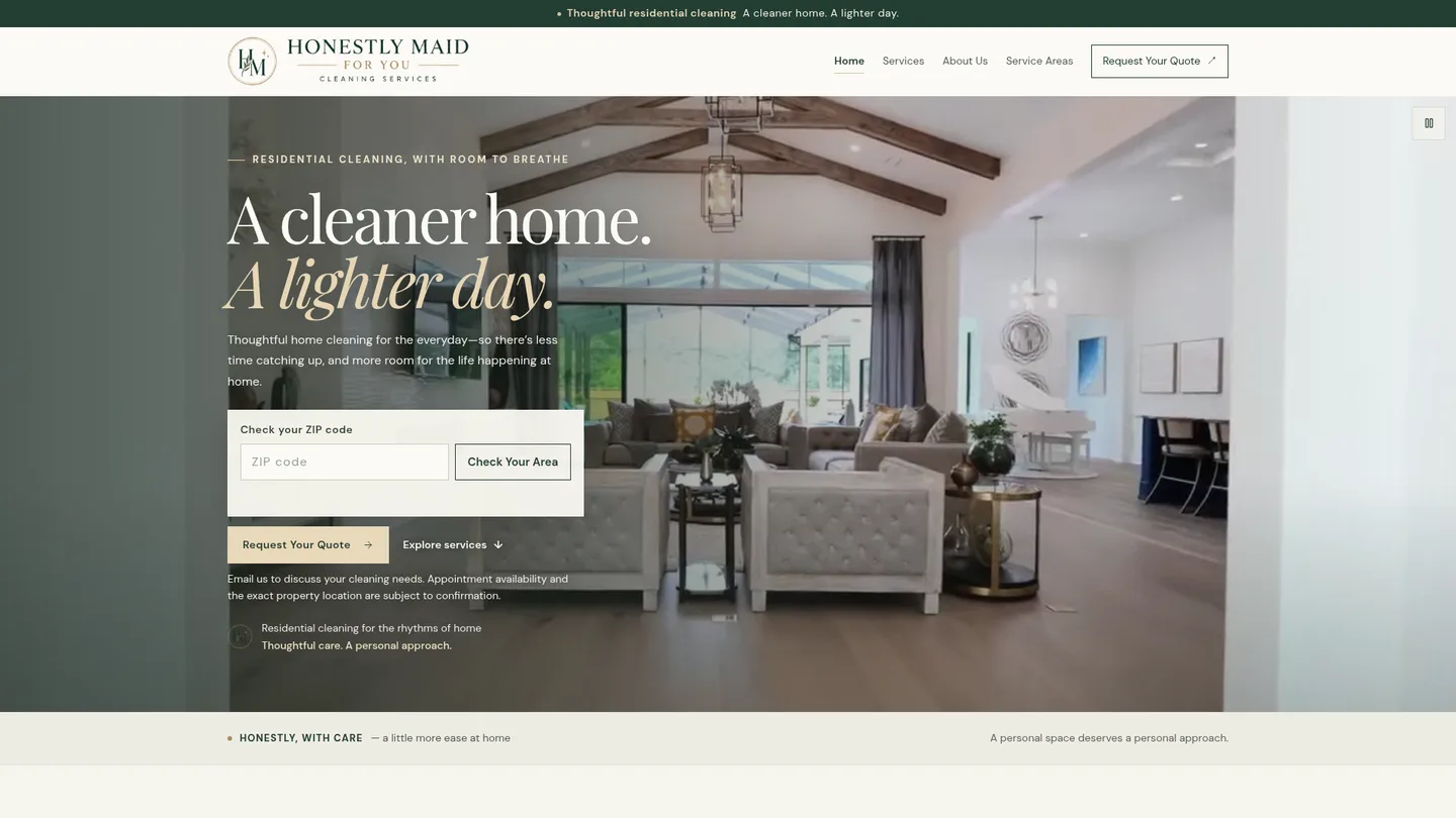 Honestly Maid For You website — residential cleaning services and quote requests